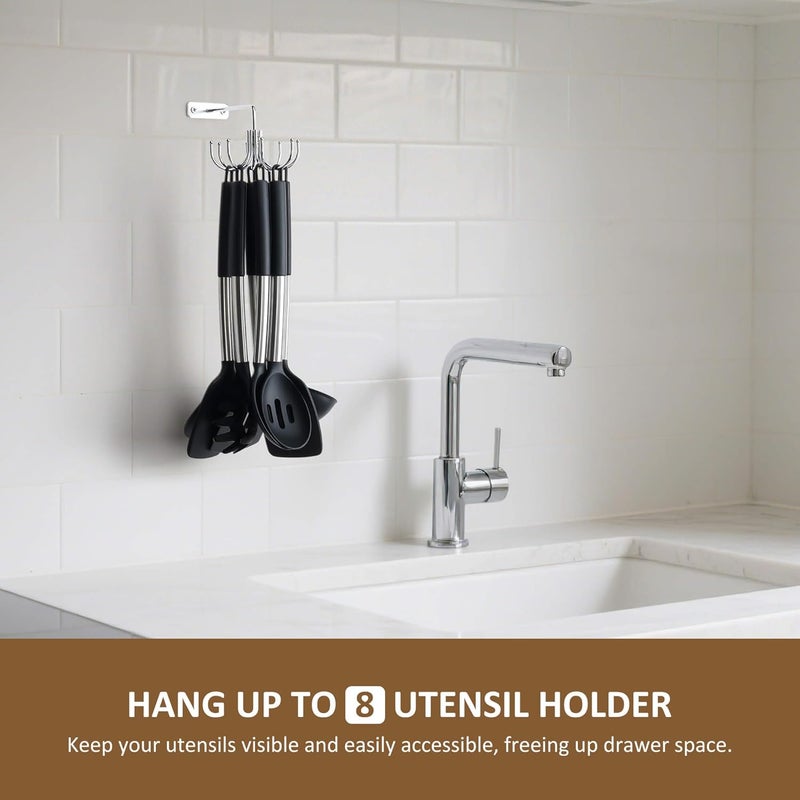 ZEDODIER Kitchen Cooking Utensil Holder, 360° Rotating Kitchen Hooks for Hanging Utensils, Heavy Duty Metal Utensil Rack with 8 Storage Capacity for Utensil, Towel, Pot, Glove, Aprons, Silver - Image 2